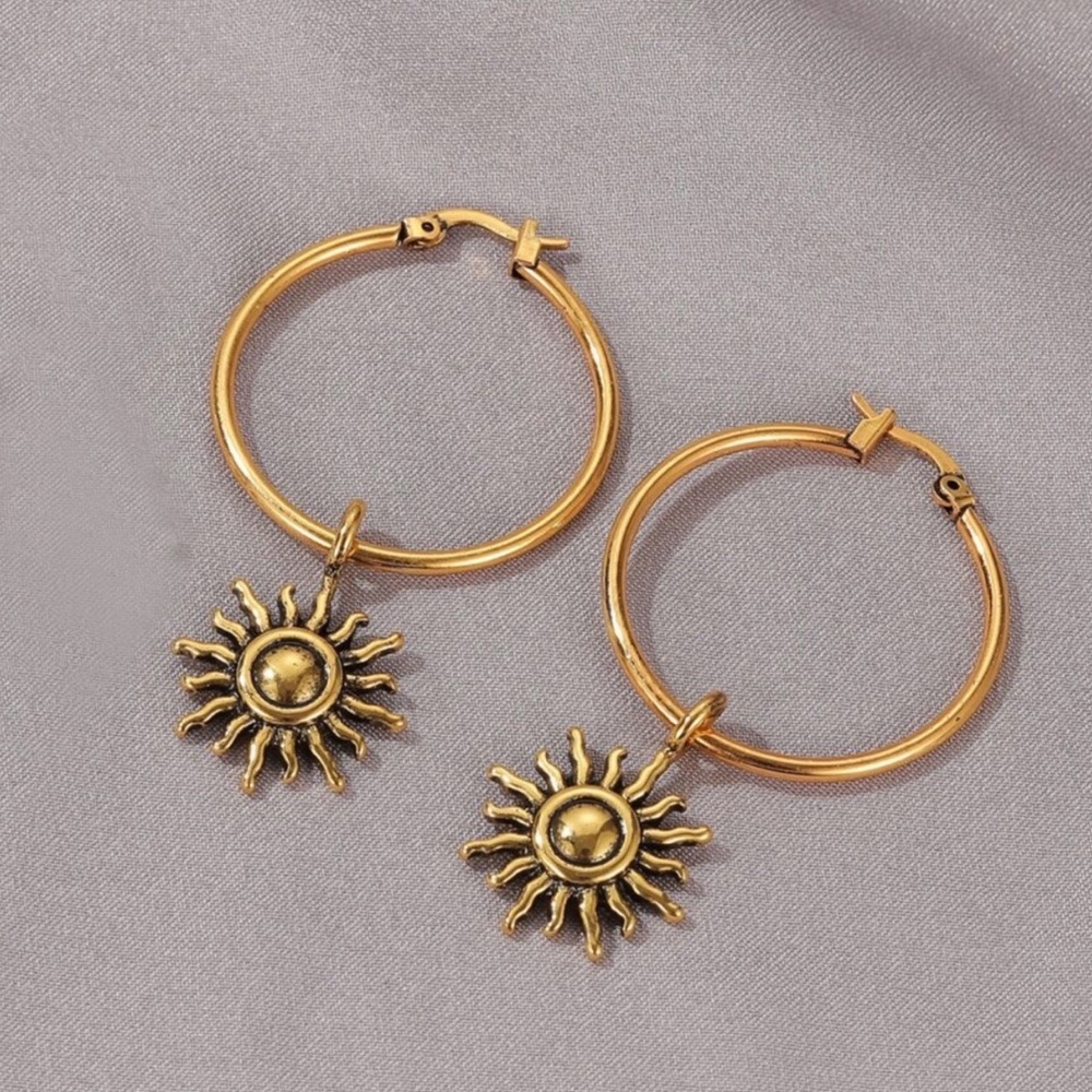 Any 2/$20! Bright Gold Sun Charm Hoop Earrings - Picture 2 of 7